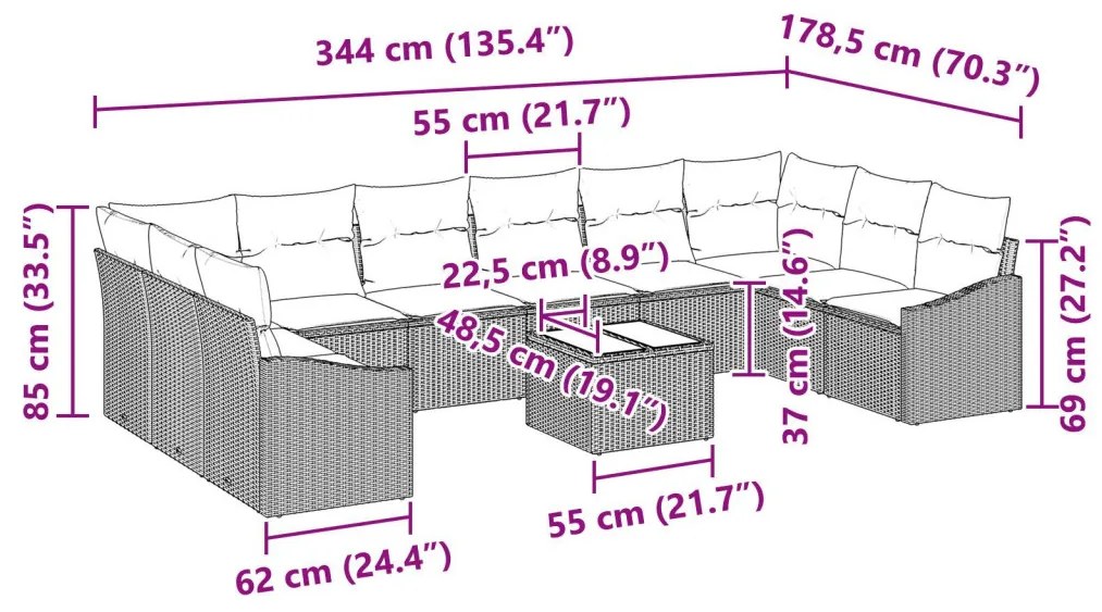 Kerti Kanapé Szett 11 pcs Barna Poli rattan