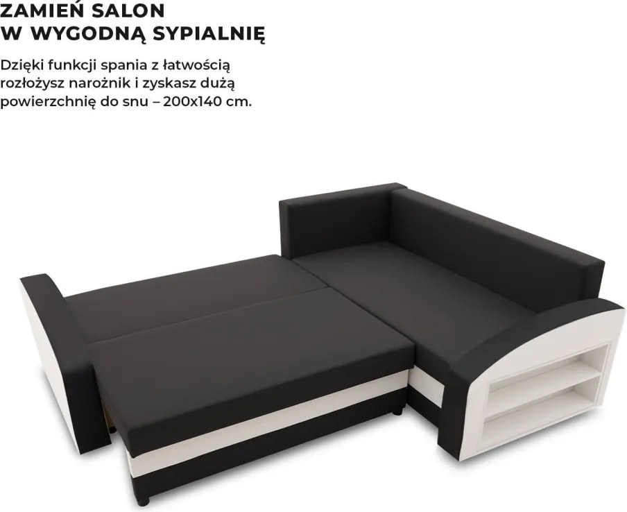 Grande sarokkanapé polcokkal , polc a jobb karfaban, jobboldali, szövet anyag, hab töltet, fekete - fehér