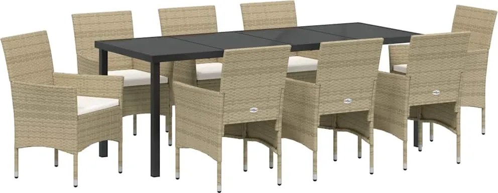 vidaXL Kert étkező szett párnával 9 pcs Bézs polirattan