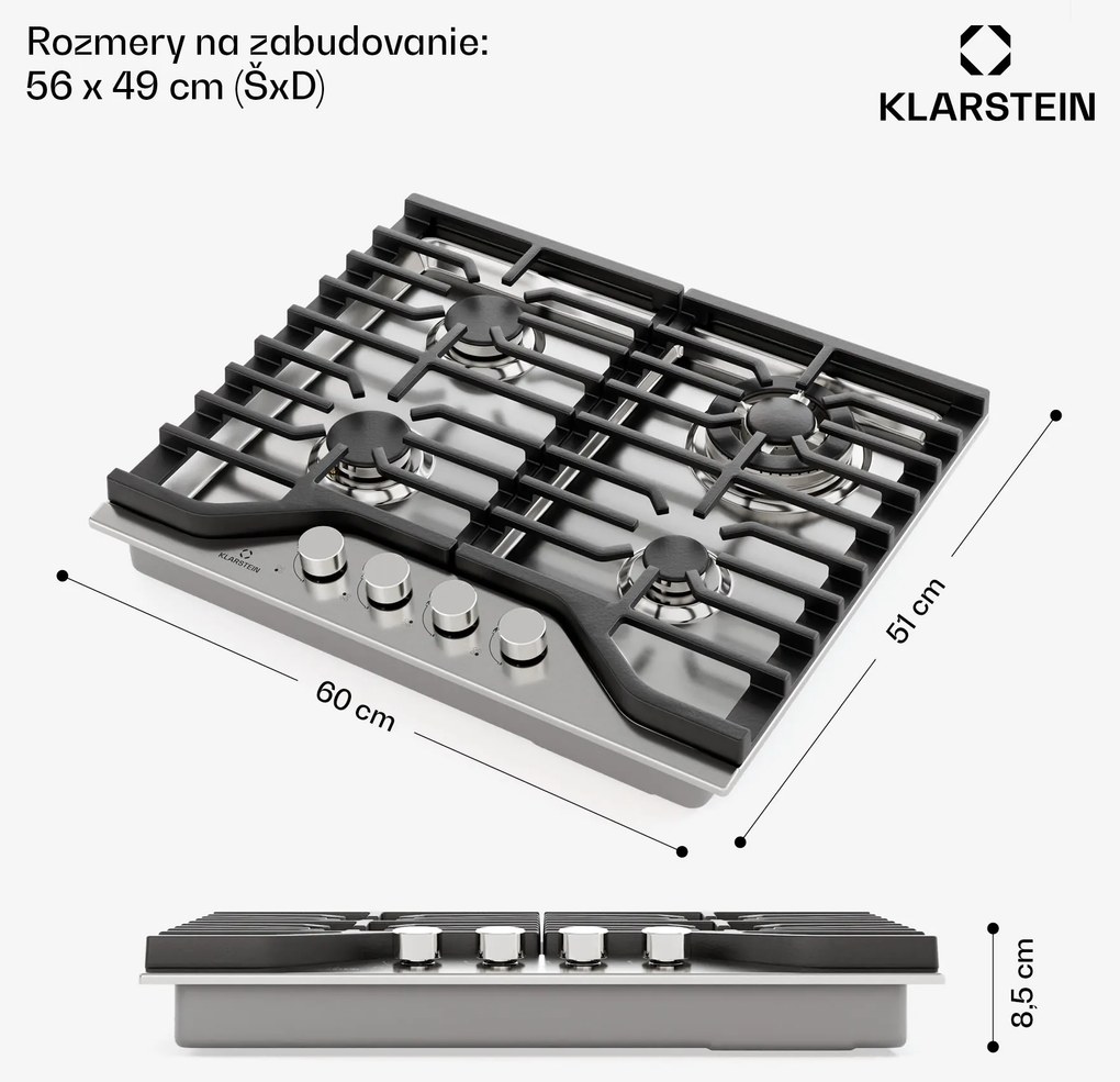 Klarstein Turbocast gázfőzőlap | 304 rozsdamentes acél | 4 égő | Profi öntöttvas tartó | Wok-égő