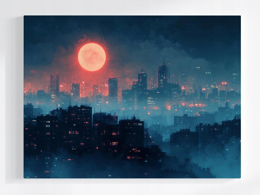Poszter Város Felhőkarcolók Éjszakai Blokkok Vörös Hold 100x75