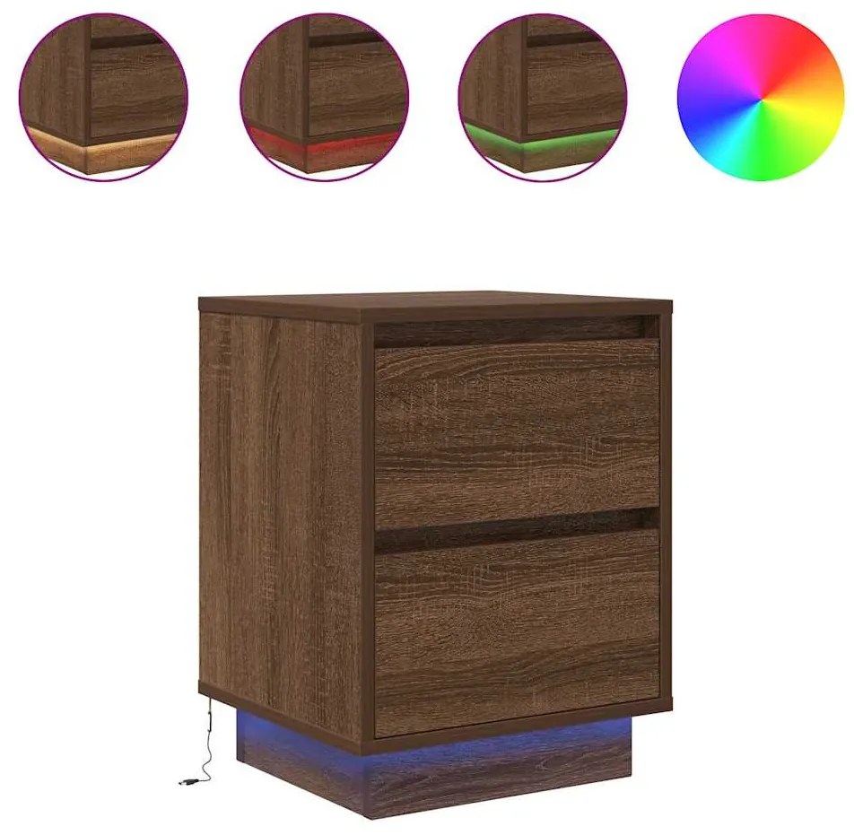 2 db barna tölgyfa éjjeliszekrények LED világítással 38x34x50cm
