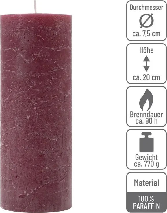 Rusztikus gyertya készlet 20 cm Ø 7,5 cm 2 db bordó