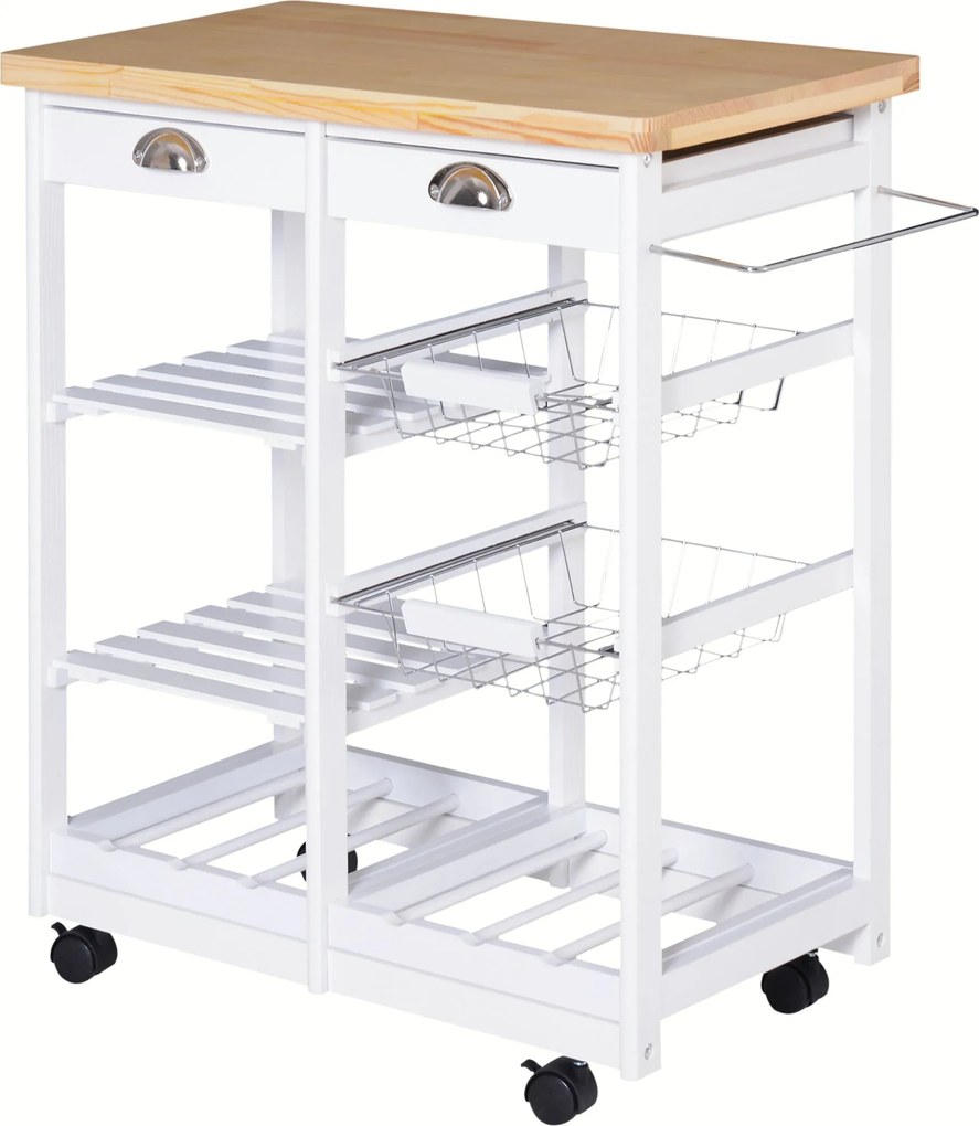 HOMCOM Többfunkciós Konyhai Kocsi 2 Fiókkal, 6 Üveg Tartóval, 2 Oldalsó Polccal és 2 Kosárral, Fenyőfából, 74x37x76 cm, Fehér | Aosom