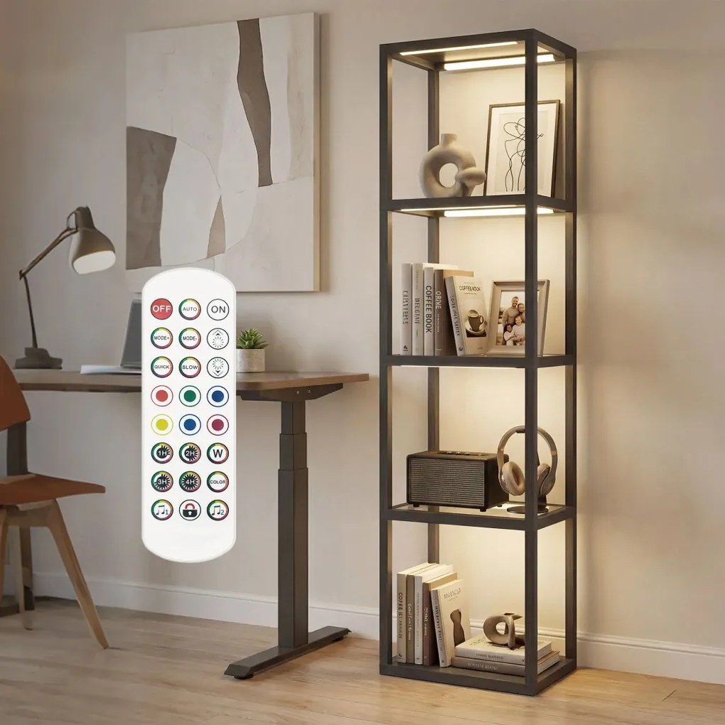 Állólámpa RGB üvegpolcokkal, 4-szintes LED állólámpa távirányítóval, fekete