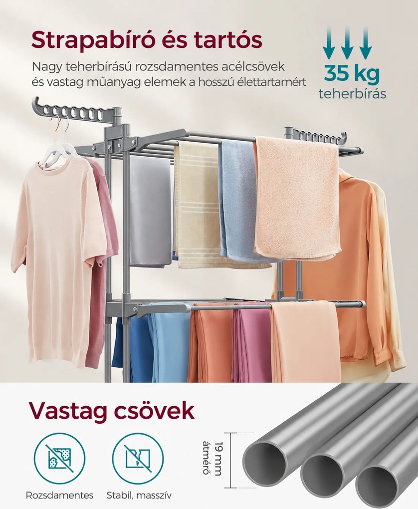 SONGMICS 4 szintes összecsukható ruhaszárító állvány, 3 szárítószinttel, cipőtartóval és görgőkkel, 126 x 64 x 172 cm, max. 35 kg, szürke