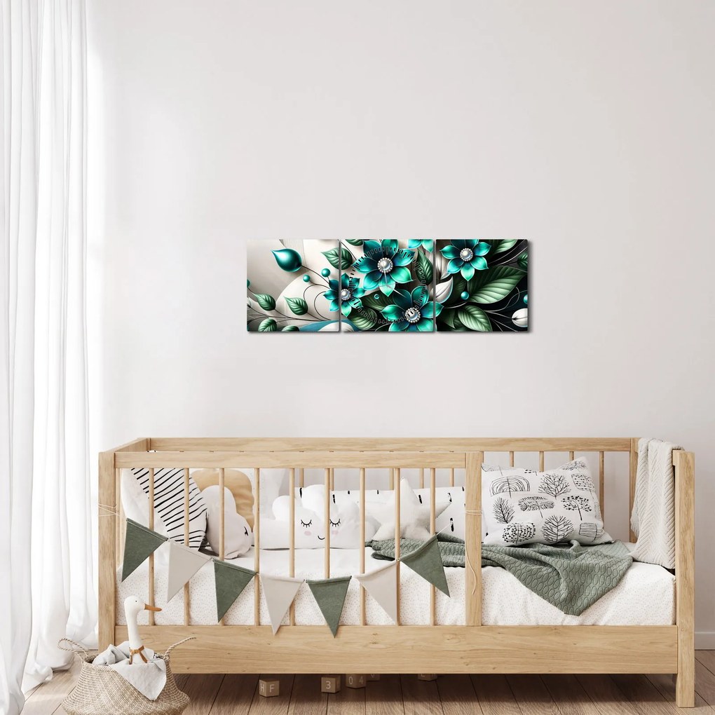 Kép - 3D türkiz virágok (órával) (90x30 cm)