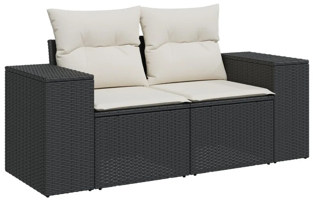10 darabos kerti kanapé szett párnákkal fekete poly rattan akácián, 3 darabos kerti étkező szett párnákkal fekete poly rattan akácián