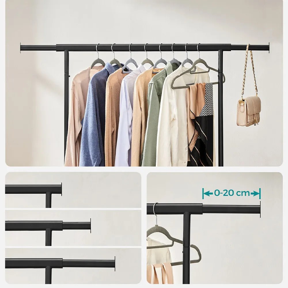 Állítható magasságú gurulós ruhatartó állvány, fekete