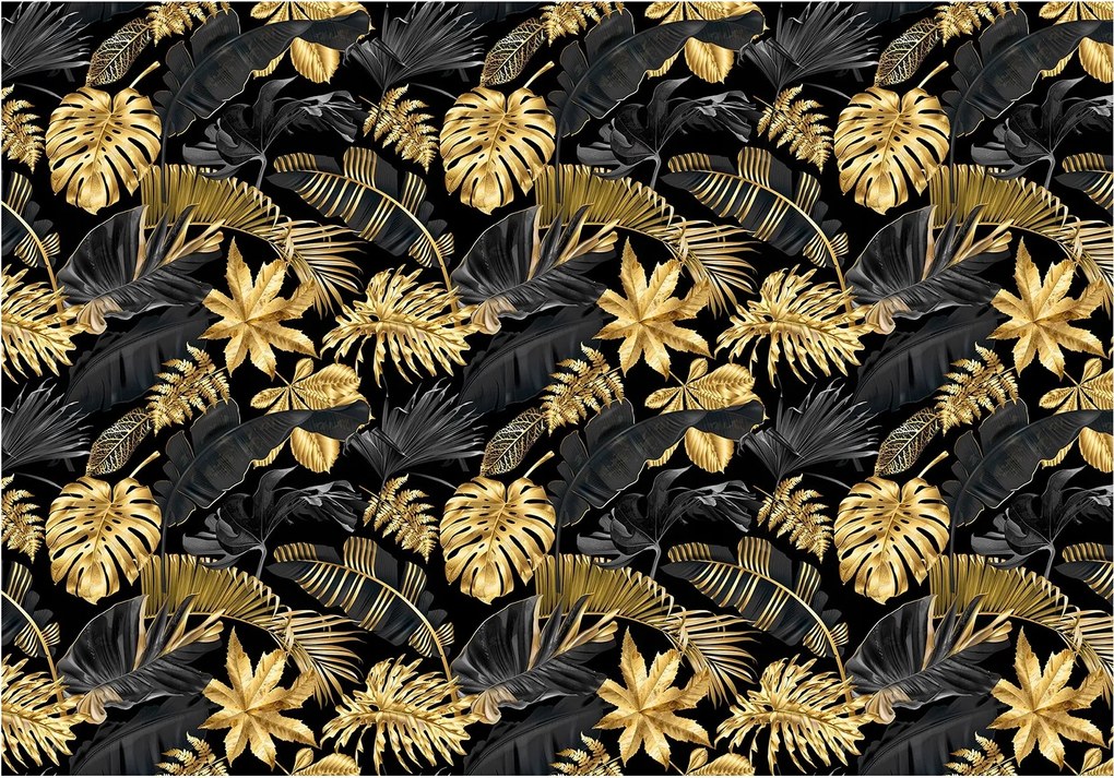 Fotótapéta Arany pálmafák monstery levelek fekete alapon vinil 254x184 +ragasztó