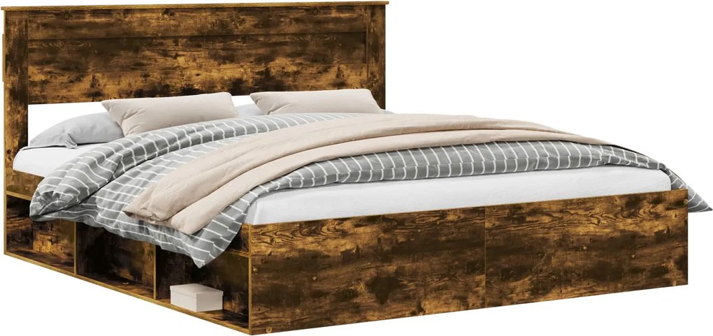 vidaXL Ágykeret fejtámlával Füstölt tölgy 200 x 200 cm Tömör fenyőfa