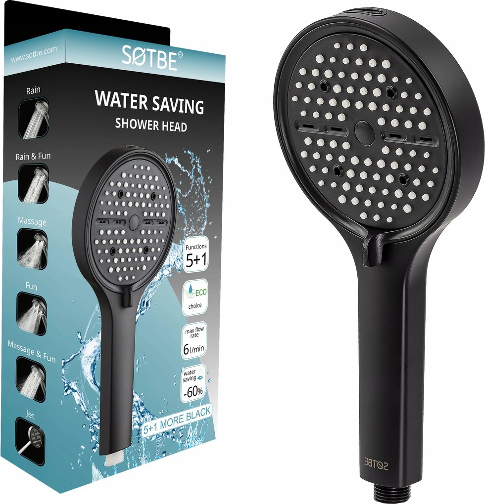 Zuhanyfej zuhany masszírozóval 6 funkciós fekete Sotbe Lark 5+1MORE Black