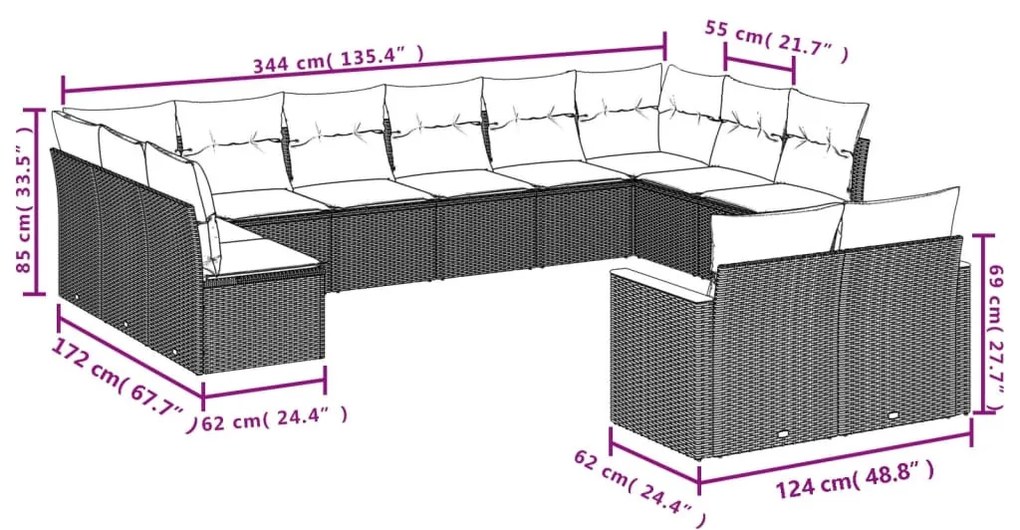 12 részes fekete polyrattan kerti ülőgarnitúra párnákkal