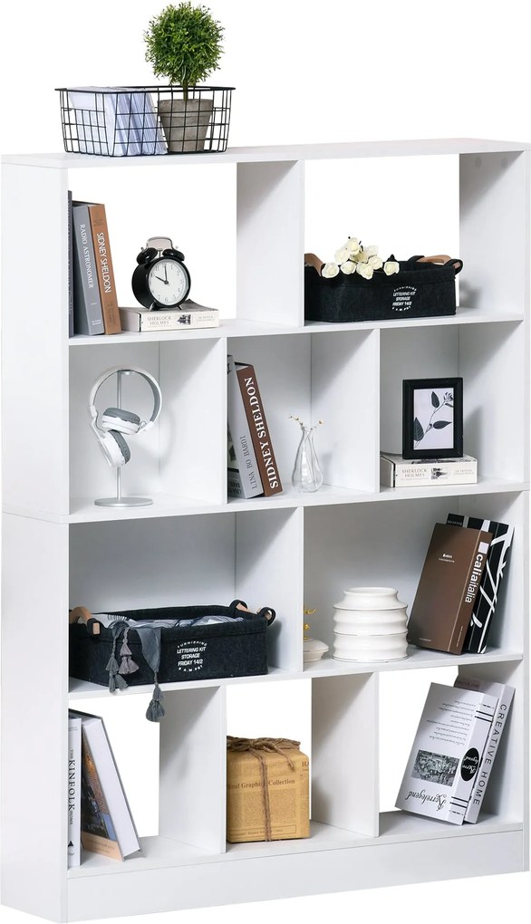 HOMCOM 4-Szintes Könyvespolc 10 Rekesszel, Többfunkciós Tárolópolc Könyvekhez és Növényekhez 100x23.8x140 cm Fehér | Aosom