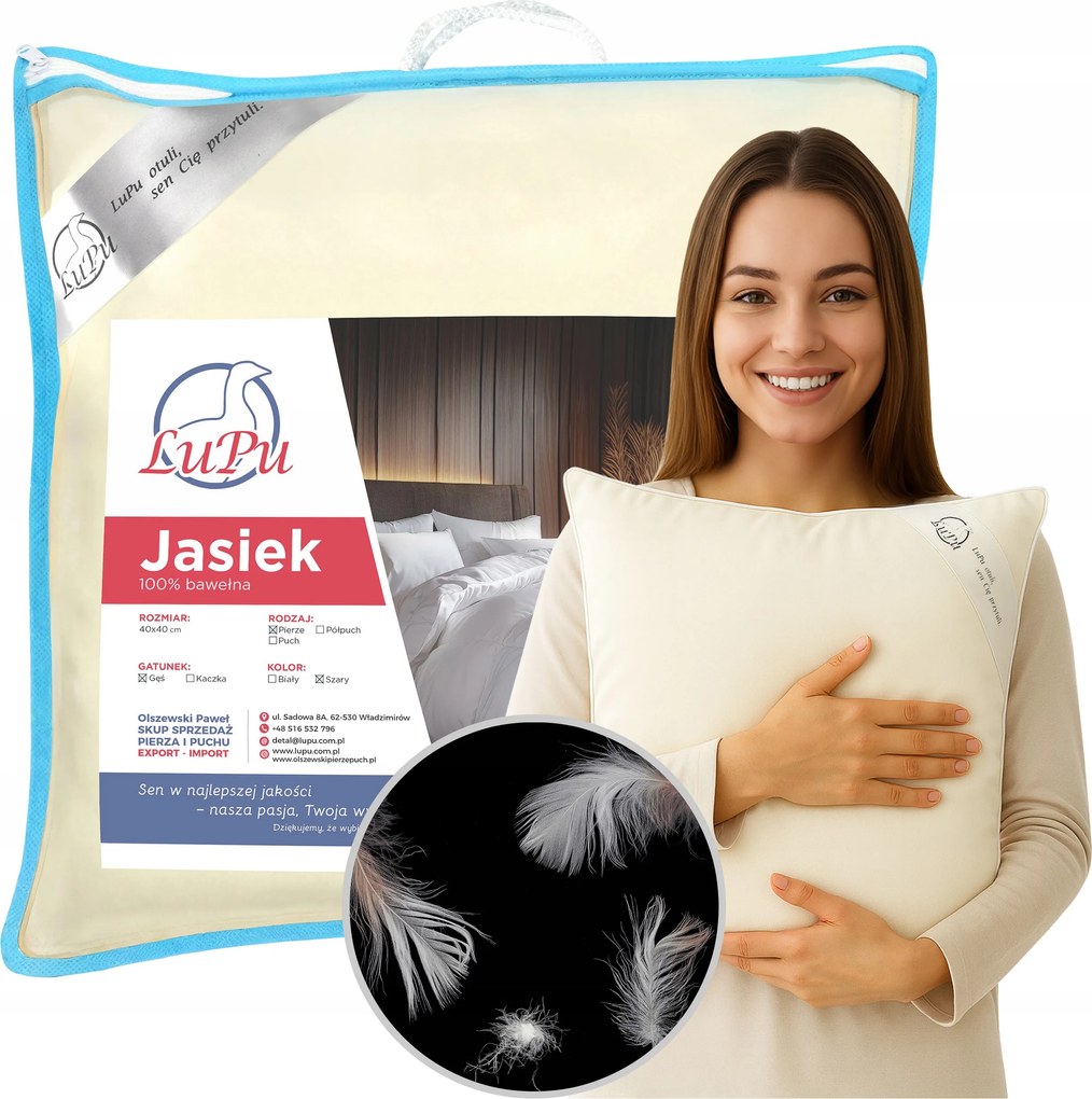 Jancsi párna 40x40 Liba tollból antiallergén párnahuzat bézs Lupu