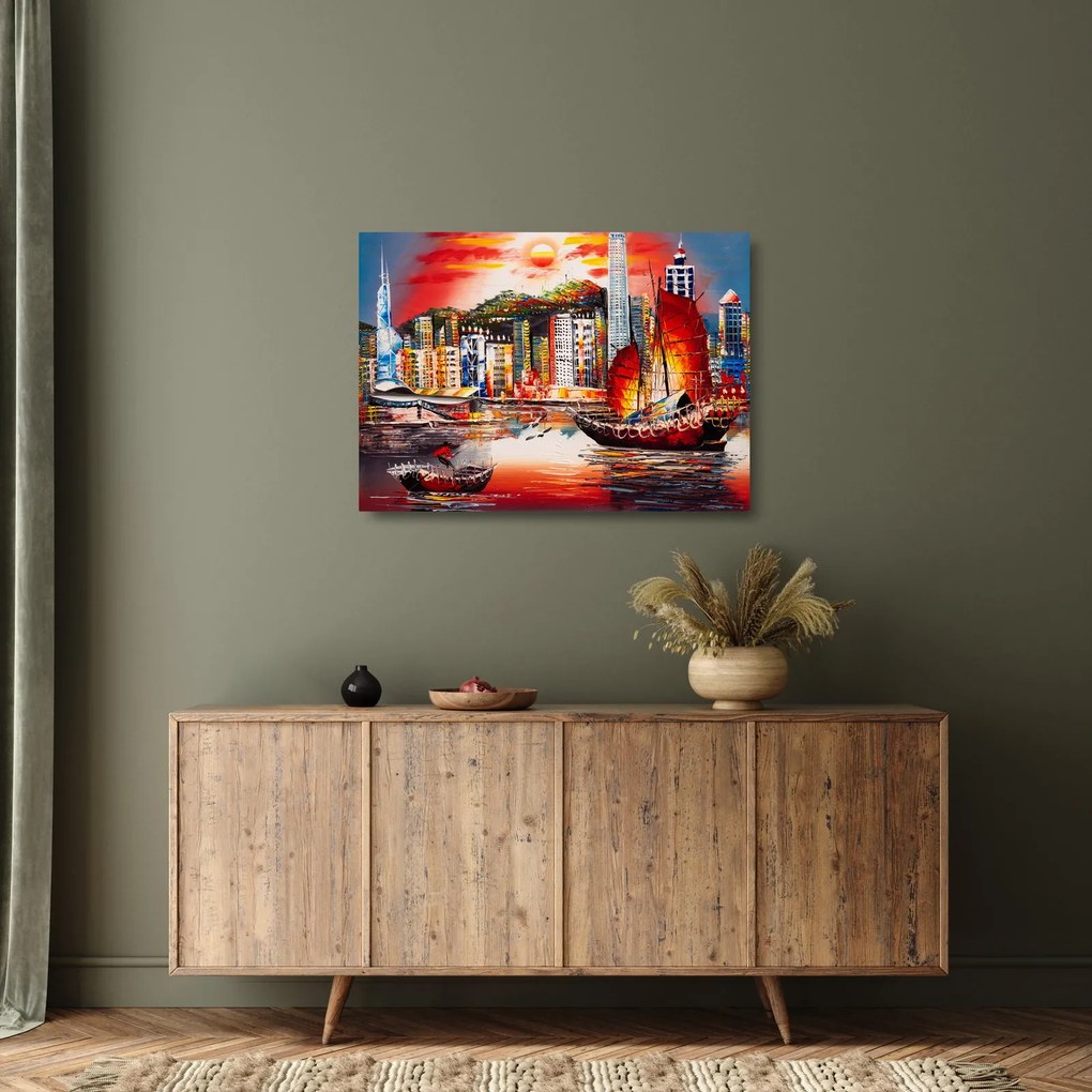Kép - Victoria Harbour, Hong Kong, olajfestmény (üvegen) (70x50 cm)