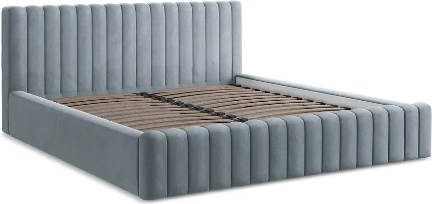 Világoskék kárpitozott ágyneműtartós franciaágy ágyráccsal 140x200 cm Lemi – Makamii