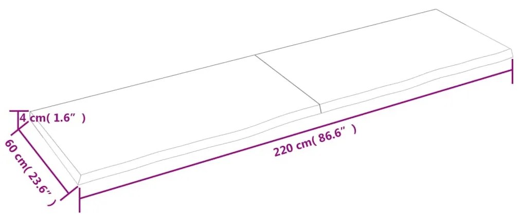 sötétbarna kezelt tömör tölgyfa fali polc 220 x 60 x (2-4) cm