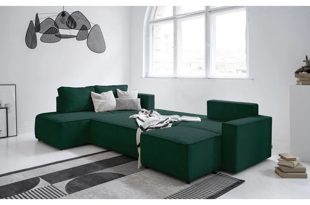 Sötétzöld kordbársony kinyitható sarokkanapé (bal oldali-U alakú) Brave Dave – Miuform