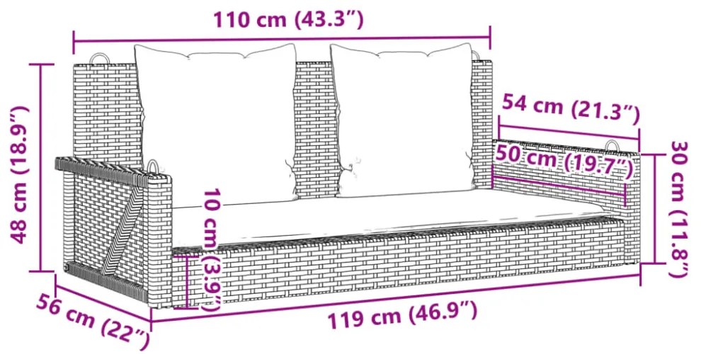 szürke polyrattan hintapad párnákkal 119x56x48 cm