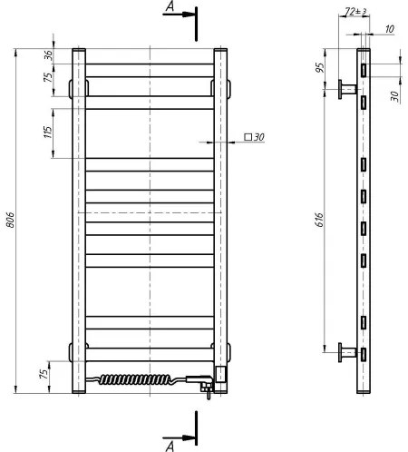 AVANGARD fürdőszobai törölközőszárító radiátor termosztáttal 251W/230V 80,6 cm IP44 fehér, bal oldali