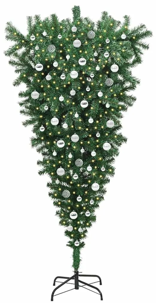 Felfele fordított műfenyő fényekkel és gömbökkel Zöld 210 cm