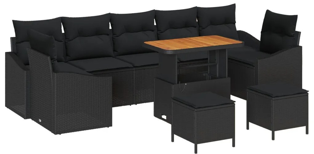 10 Darabos Kert Sofa Szett Párnákkal Fekete Poli Rattan Akácia, 2-Fős Kert Sofas Párnákkal Fekete Poli Rattan, 3 Darabos Kert Étkező Szett Párnákkal Fekete Poli Rattan Akácia