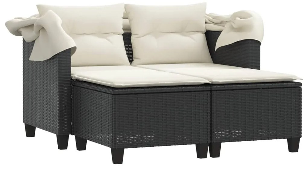 2 személyes fekete polyrattan kerti kanapé baldachinnal/székkel