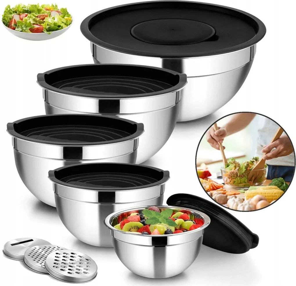 5 Db-os Tál Fedővel És Reszelővel Acél Rozsdamentes Légmentesen Záródó Tál Szett