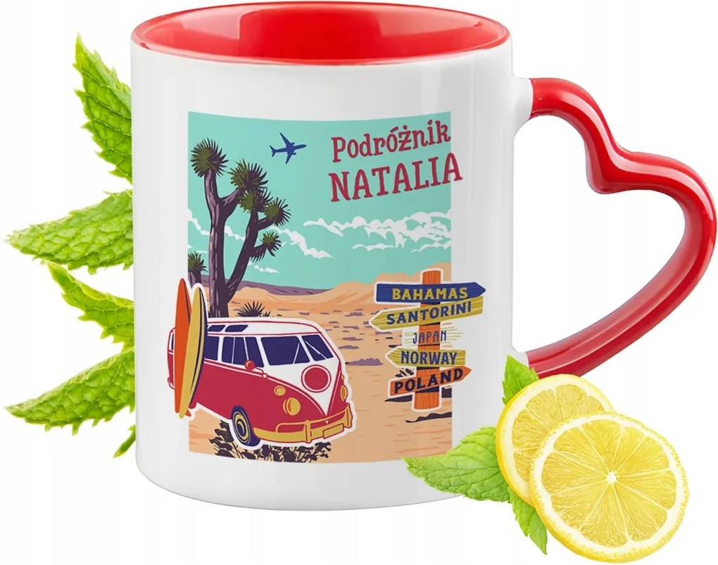 Piros bögre szív alakú füllel Nataliának Ajándék