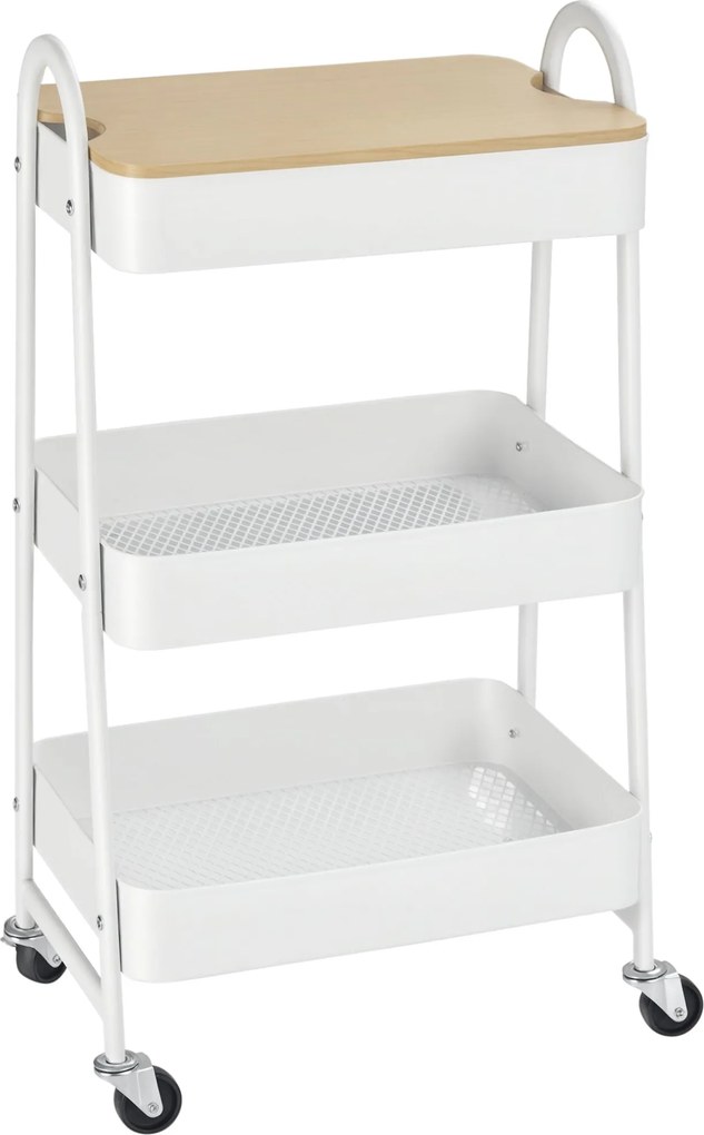 HOMCOM 3 szintes konyhai kocsi kerekekkel kosárral és fedővel, gördíthető konyhai tárolókocsi, Fehér | Aosom