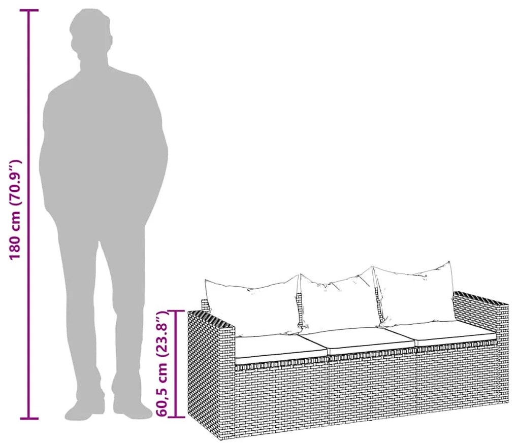 vidaXL fekete 3 személyes polyrattan kerti kanapé párnákkal