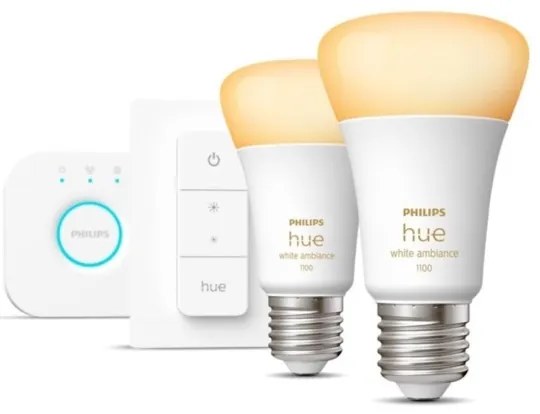 Philips Hue WHITE AMBIANCE kezdőkészlet 2x E27/8W/230V izzó + Bridge és fényerőszabályzó kapcsoló