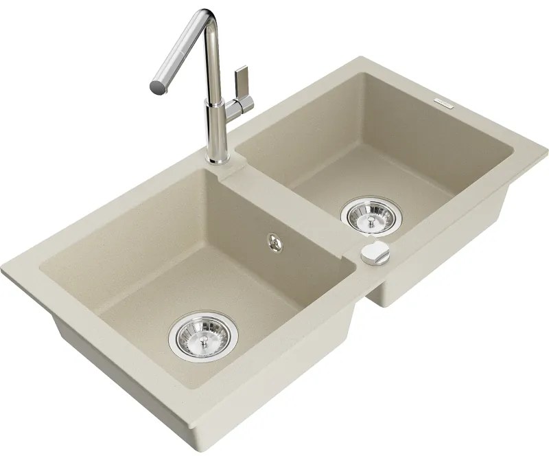 Mexen Mario, 2-kamrás gránit mosogató 820x436x161 mm és Flora mosogató csaptelep, bézs, 6504-69-670401-00