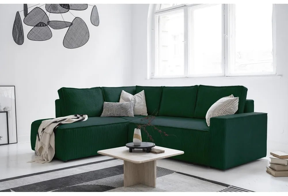 Sötétzöld kordbársony kinyitható sarokkanapé (bal oldali) Brave Dave – Miuform