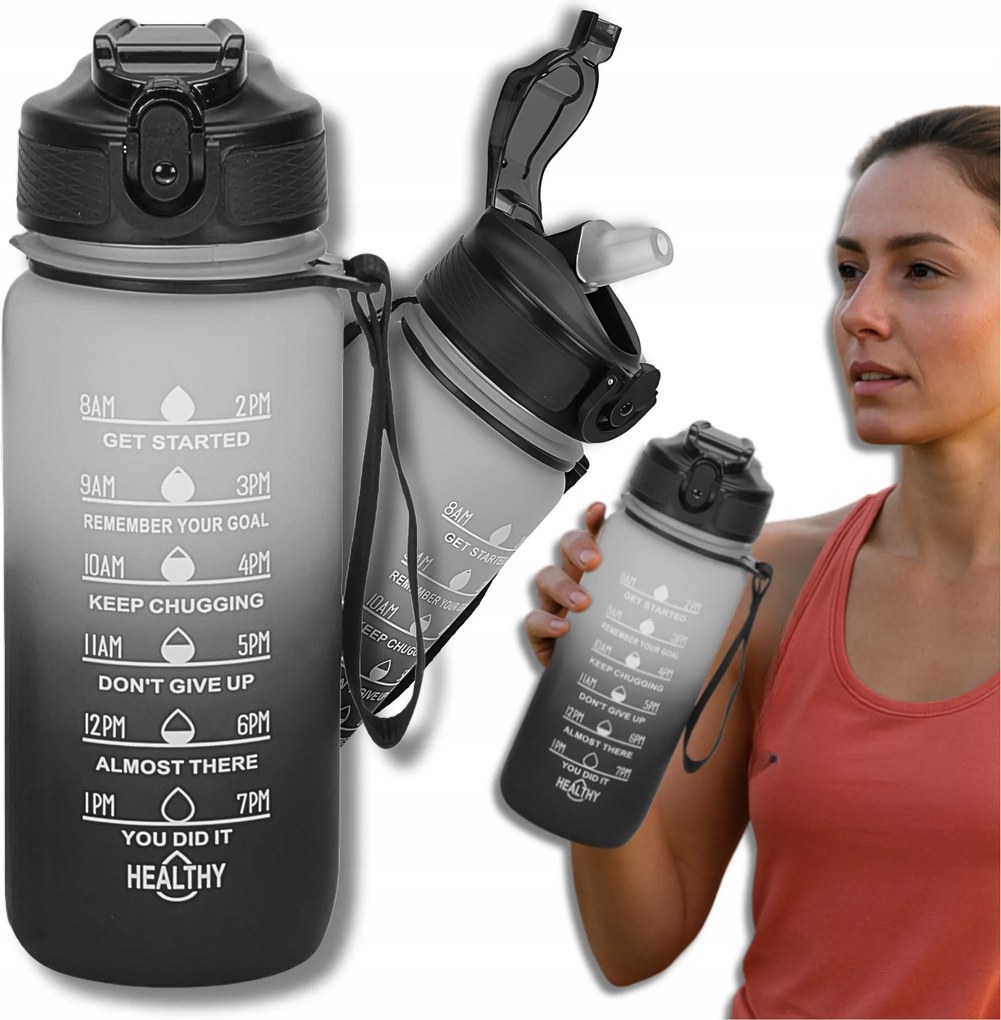 Tressari Motivációs vizes palack kulacs fekete fogantyúval 600ml Bpa Mentes