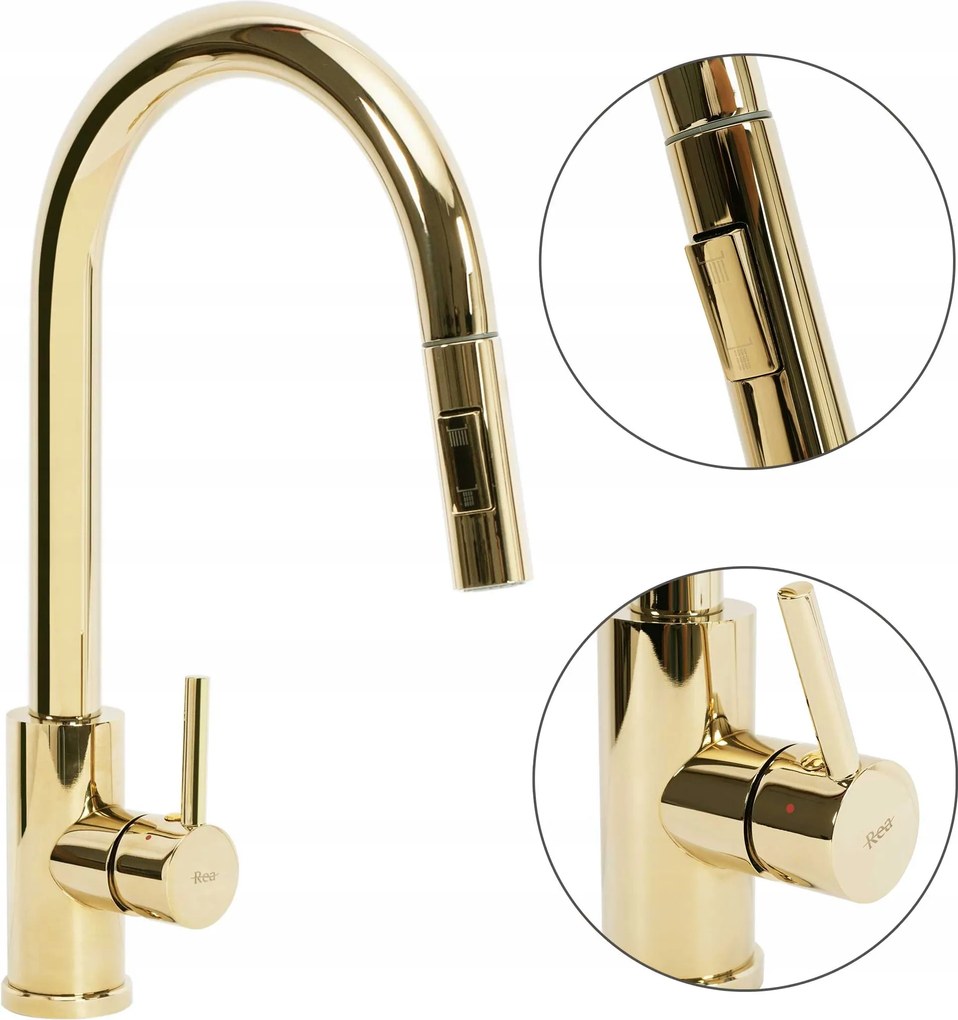 Konyhai csaptelep Arany kihúzható kifolyócső Rea Fresh Gold flexibilis zuhany