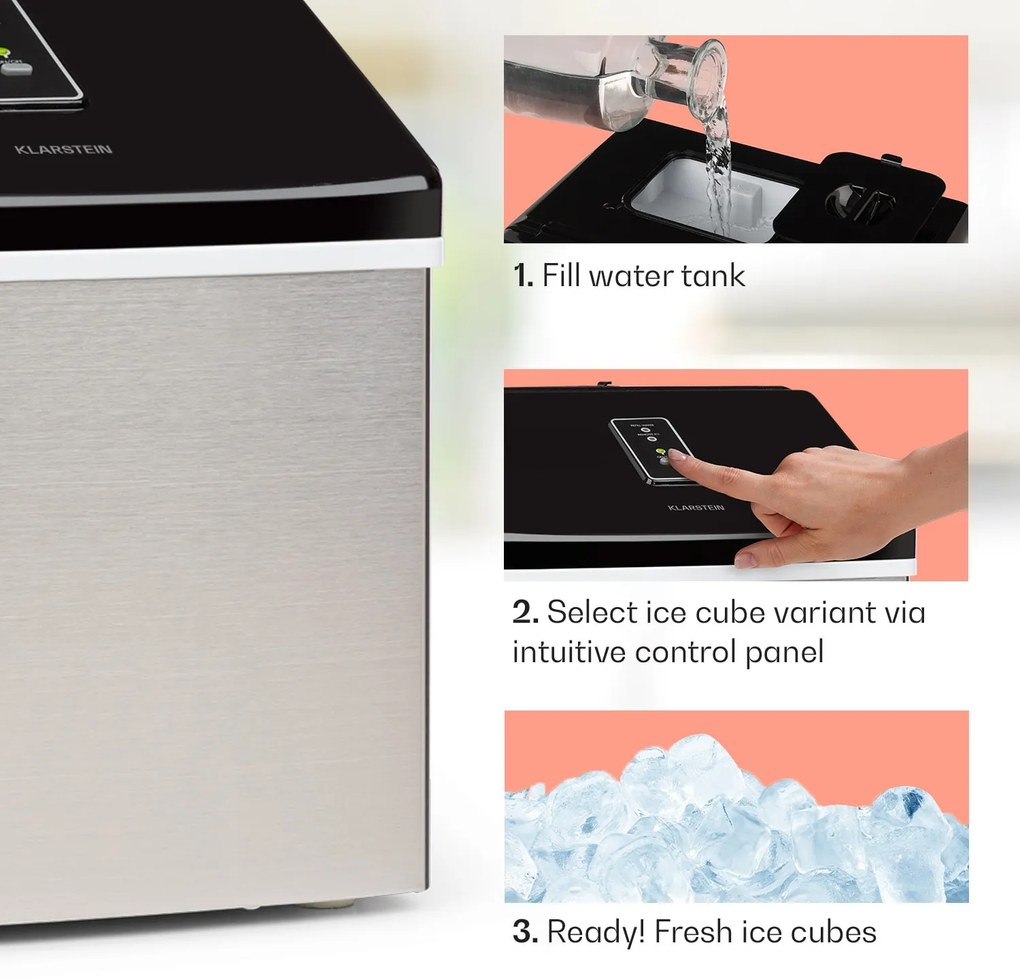 Klarstein Clearcube, jégkocka készítő, 13 kg/24 h, rozsdamentes acél, fekete