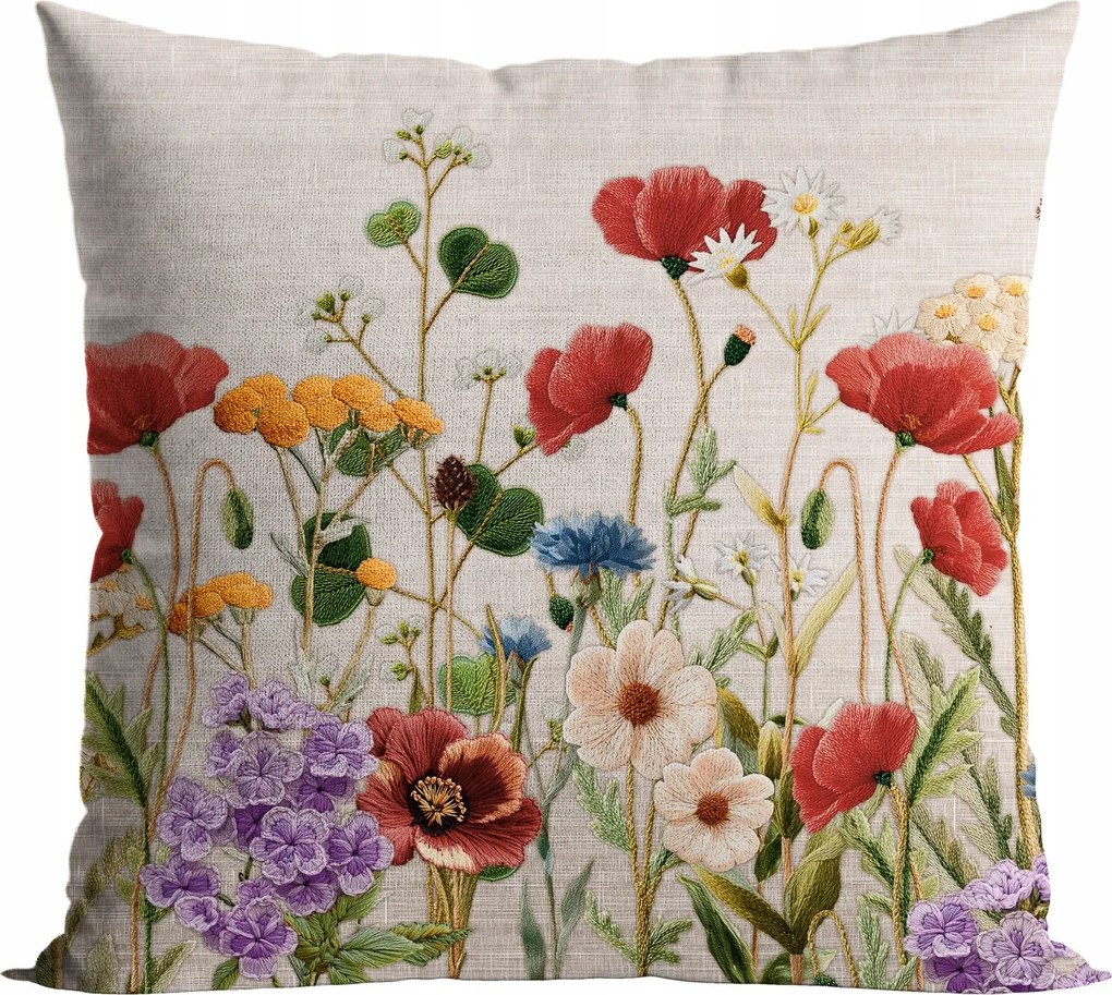 Bézs díszpárna virág és virágos rét motívummal, 40x40 cm