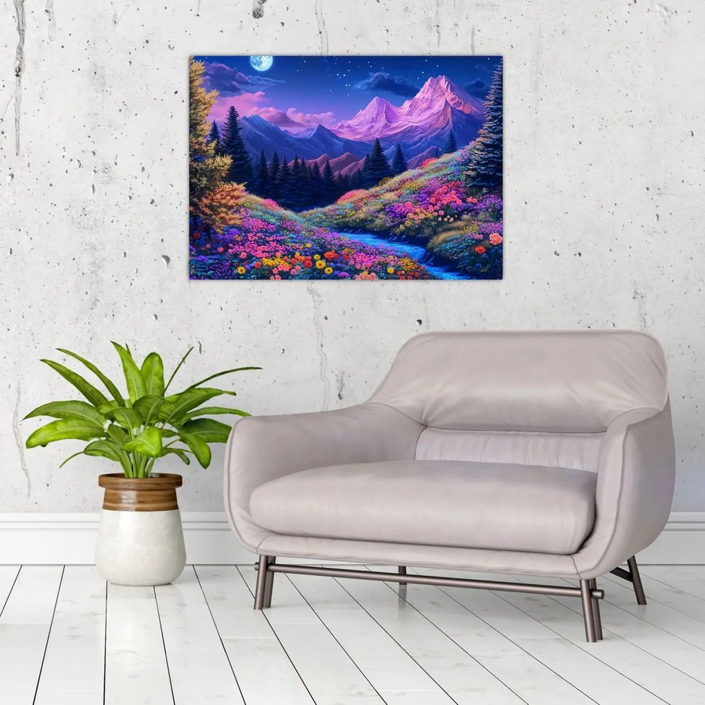 Üveg kép - Lila táj teljes holdfénynél (70x50 cm)