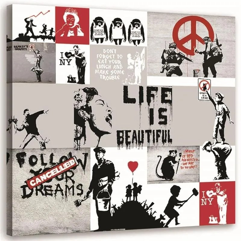 Gario Vászonkép Banksy falfestmény - az utcai muvész muveinek kollázsa Méret: 50 x 50 cm