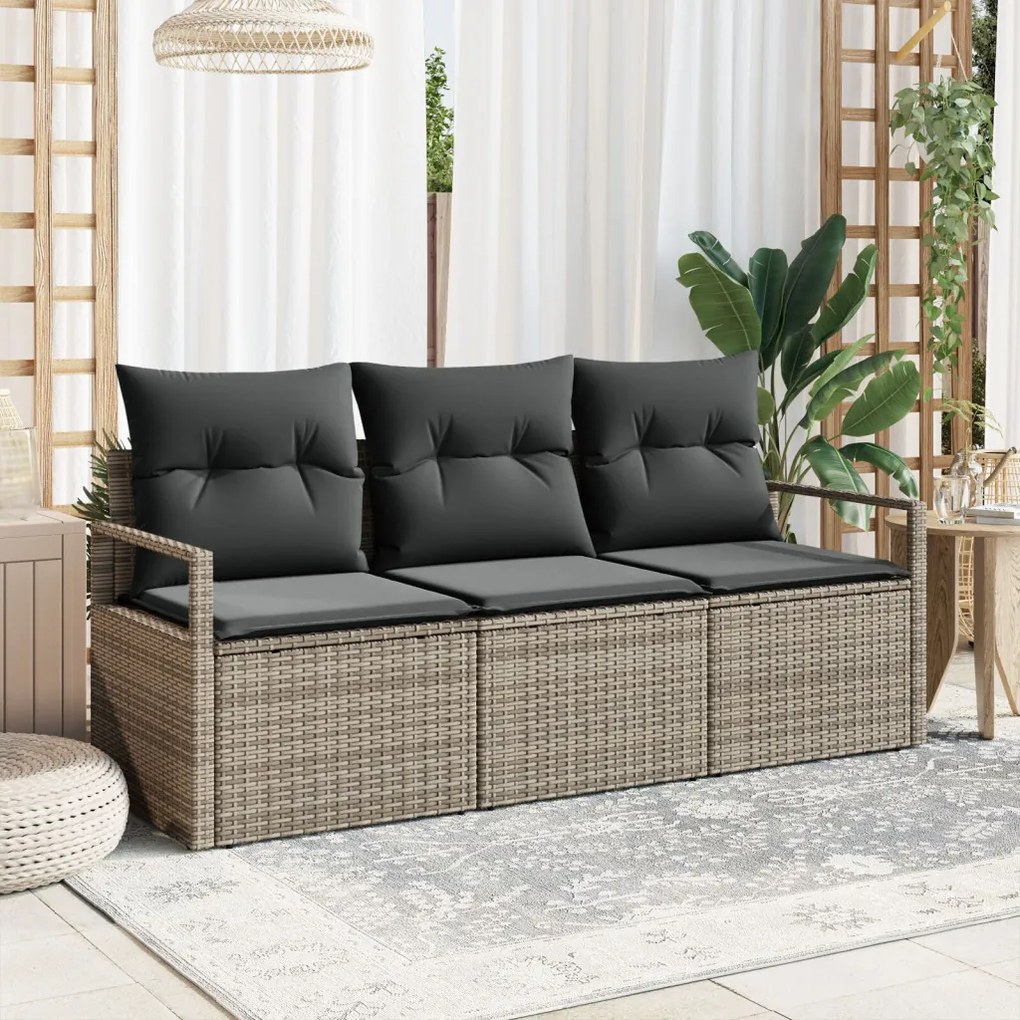 3 részes kert kanapé szett párnákkal, szürke poli rattan, 2-személyes kert kanapé párnákkal, szürke poli rattan