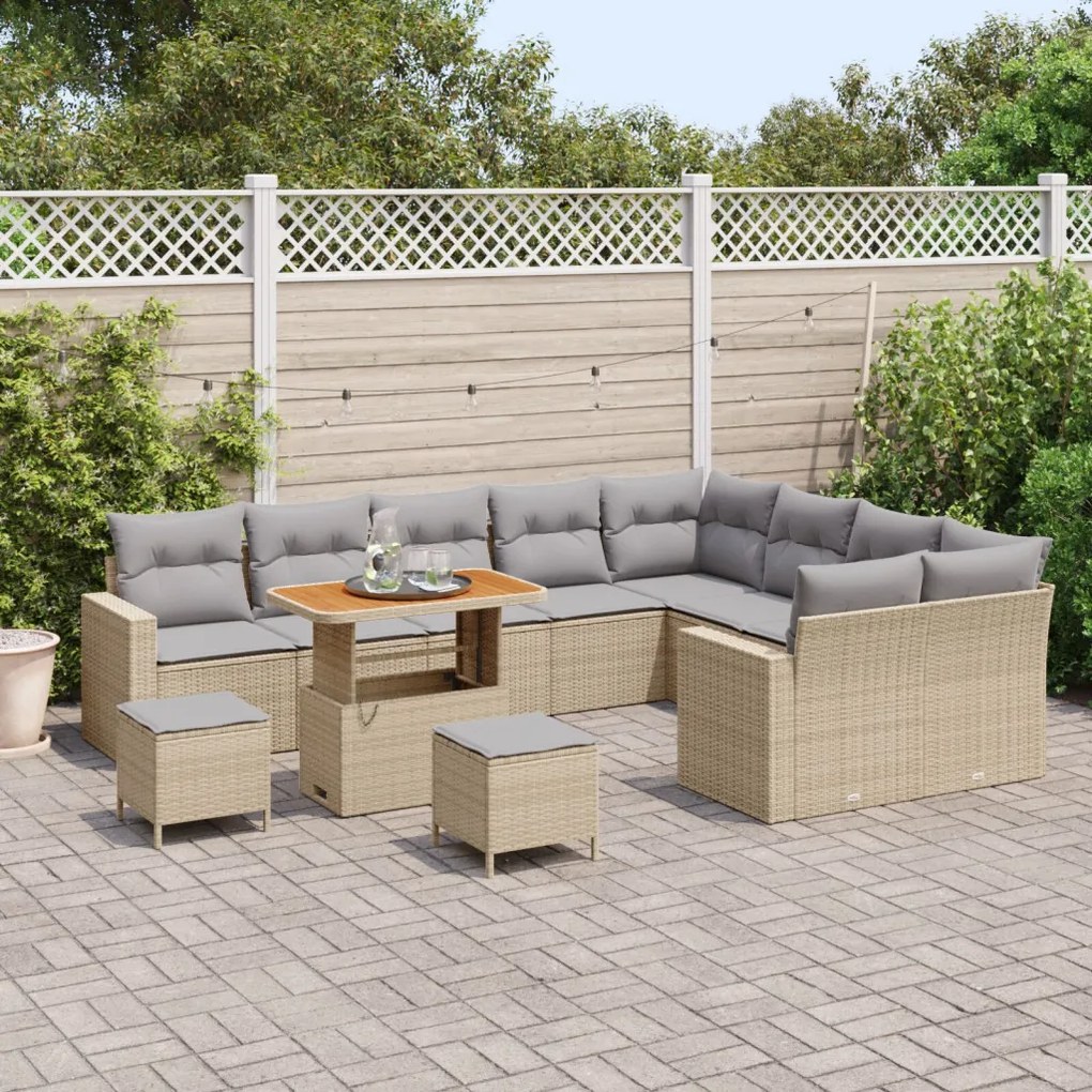 12 darabos Kerti Sofa Szett Párnákkal Bézs Poli Rattan Akácia, 3 darabos Kerti Étkező Szett Párnákkal Bézs Poli Rattan Akácia