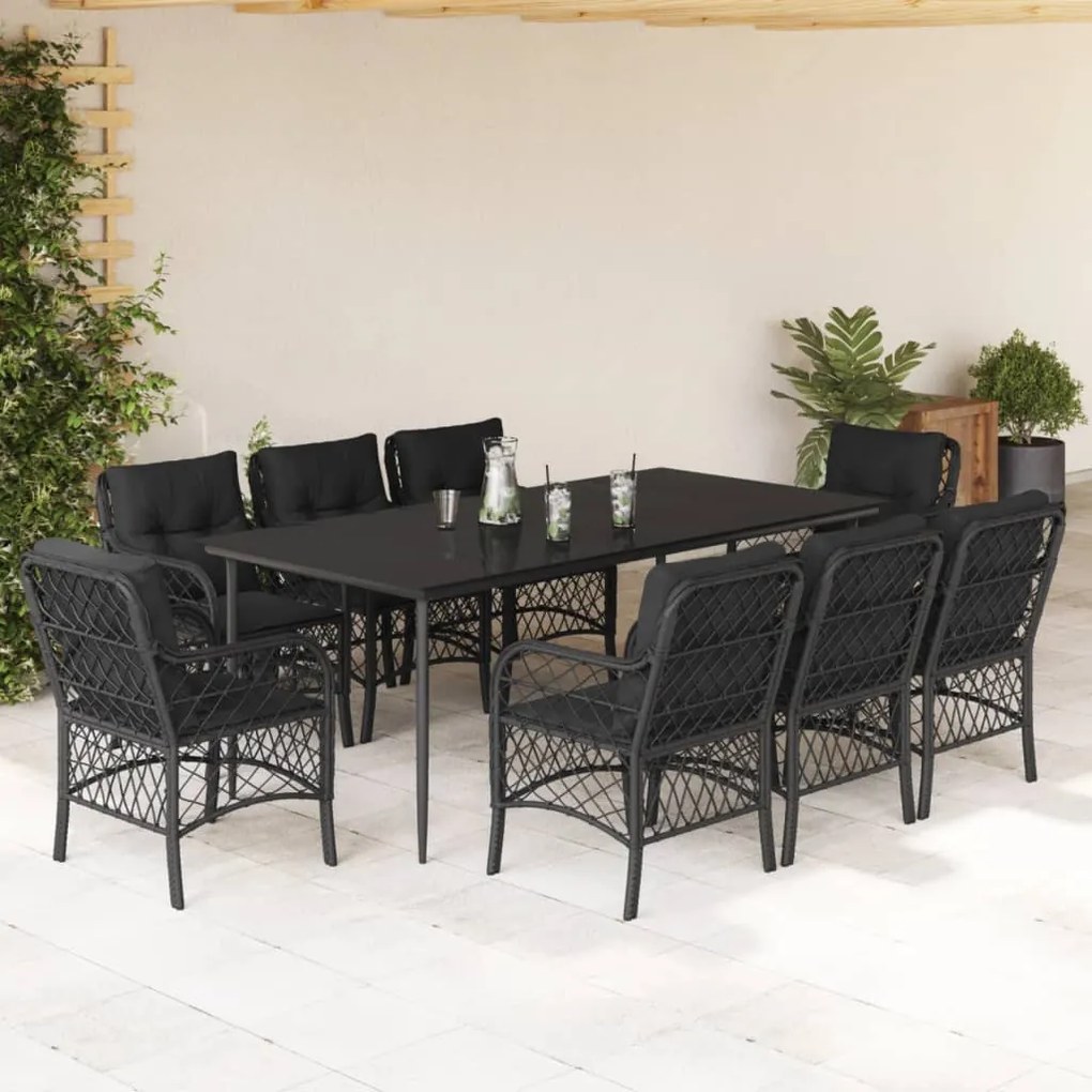 9 részes fekete polyrattan kerti étkezőgarnitúra párnákkal