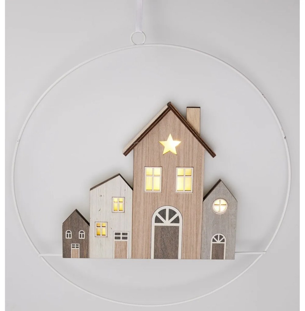 Függő karácsonyi dekoráció Winter Houses, 30 cm,világító, elemes