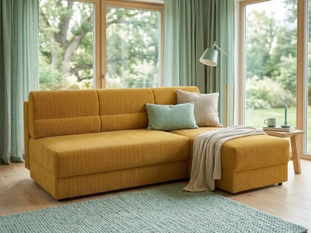 Kihúzható kétoldalas L-alakú ülőgarnitúra TAVERO 201x140 cm, mustár színű.