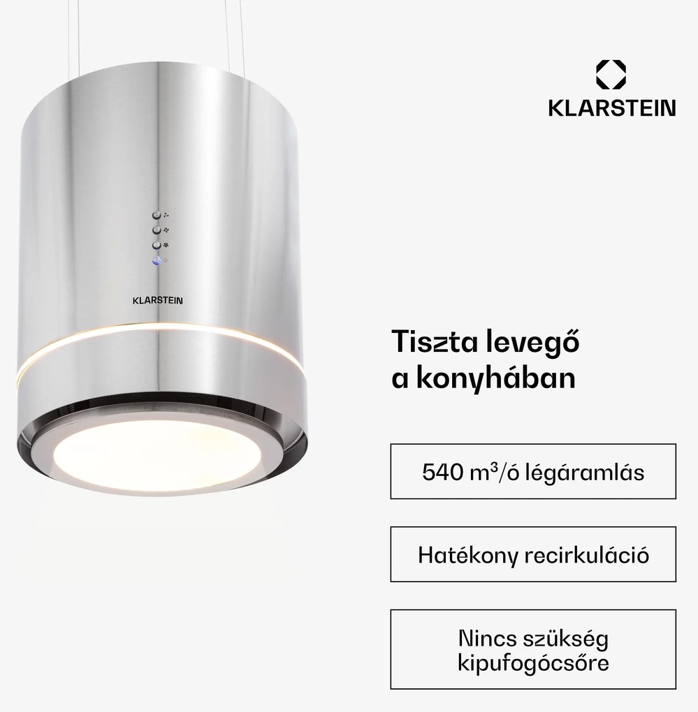 Klarstein Tron Ambience, sziget szagelszívó, Ø 38 cm, légkeringetés, 540 m³/ó, LED, nemesacél