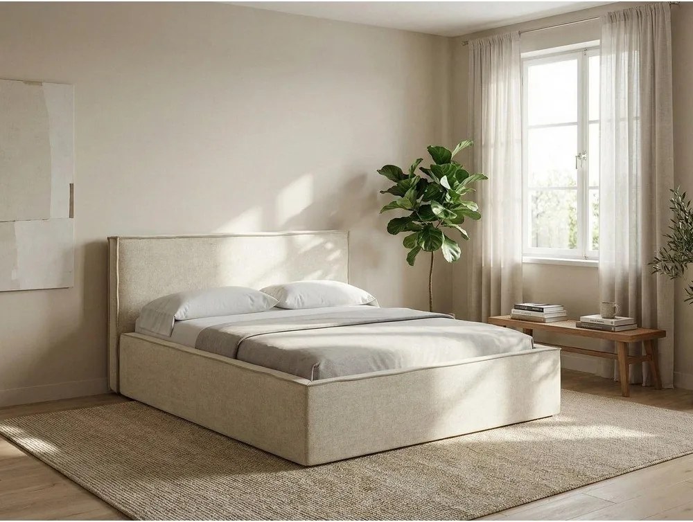 Krémszínű kárpitozott ágyneműtartós franciaágy ágyráccsal 140x200 cm Anani – Makamii