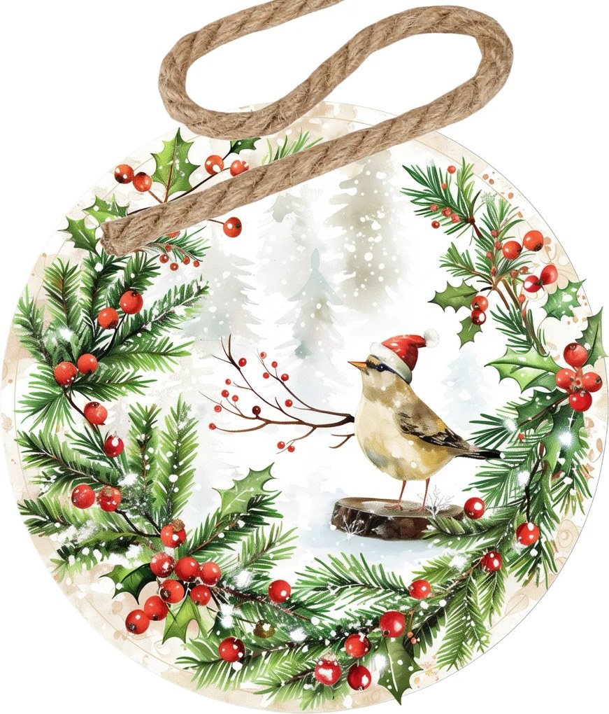 Karácsonyi karácsonyfadíszek Madárka Mikulás sapkában az ágon 5 db