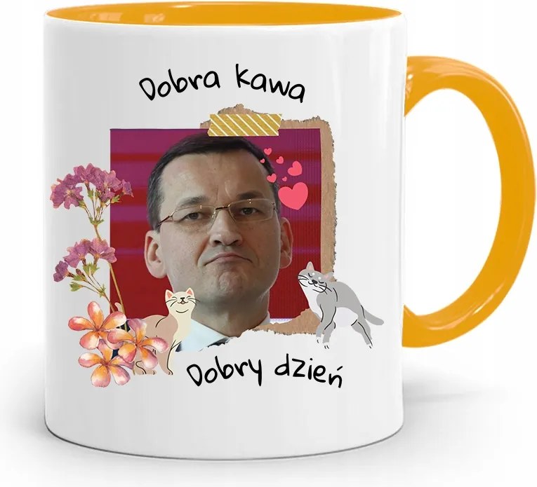 Sárga Politikus Bögre Mateusz Morawiecki Miniszterelnök fényképes nyomtatással